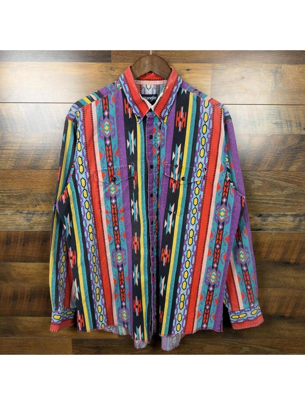 Vintage Wrangler Cowboy Cut Aztec Southwestern Button Up Shirt XL Long Tails